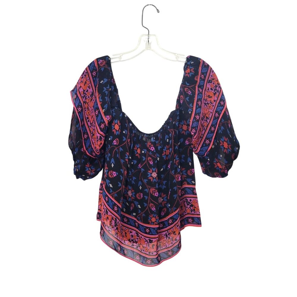 Joie Black Floral Cropped Silk Boho Peasant Blouse Top With Puff Sleeves Size M - Picture 2 of 7